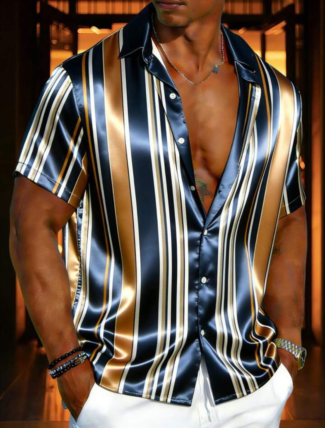 Men's Premium Satin Vertical Striped Half Sleeve Shirt
